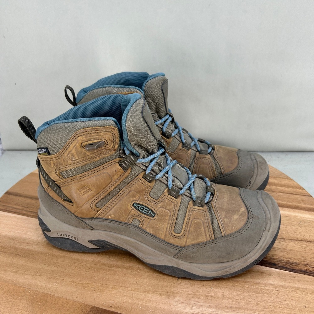 Keen Womens Circadia Mid Waterproof Hiking Boots Brown Blue Size 8 Trail Outdoor